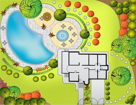 simsearch:400-05663944,k - Plan of Landscape and Garden with swimmingpool Stock Photo - Budget Royalty-Free & Subscription, Code: 400-04335802