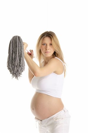 pregnant housework - angry pregnant woman with  mop isolated on white Stock Photo - Budget Royalty-Free & Subscription, Code: 400-04336017