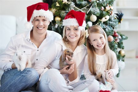 Happy family in Christmas caps with the rabbits on the background of trees Stock Photo - Budget Royalty-Free & Subscription, Code: 400-04336341