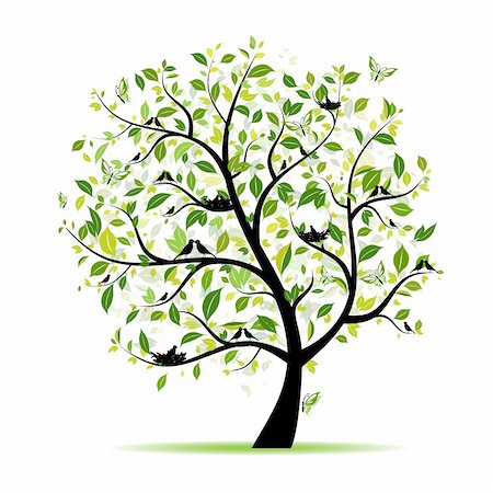 simsearch:400-04739592,k - Spring tree green with birds for your design Foto de stock - Royalty-Free Super Valor e Assinatura, Número: 400-04336487