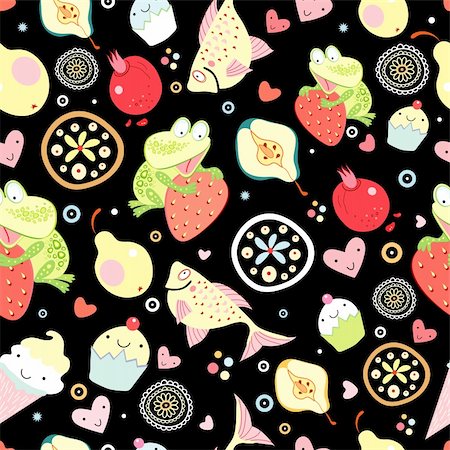 frog graphics - seamless pattern of green frogs and fish among the fruit on a black background Foto de stock - Super Valor sin royalties y Suscripción, Código: 400-04336730