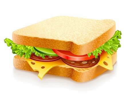 sausage sandwich - appetizing sandwich with cheese sausage and vegetables vector illustration isolated on white background Stock Photo - Budget Royalty-Free & Subscription, Code: 400-04337130