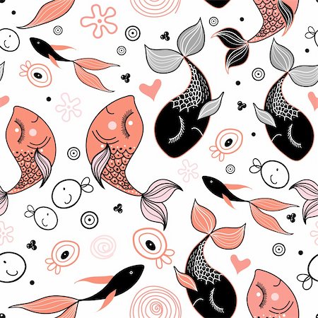 drawing of sea fish - seamless pattern of graphic fish on a white background Stock Photo - Budget Royalty-Free & Subscription, Code: 400-04337252