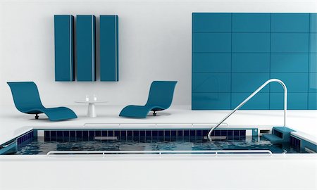 swimmingpool inside nobody - blue luxury swimming pool with fashion armchair - rendering Stock Photo - Budget Royalty-Free & Subscription, Code: 400-04337253