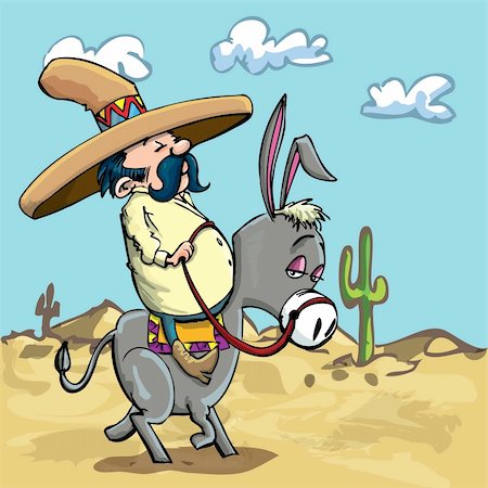 simsearch:400-08931178,k - Cartoon Mexican wearing a sombrero riding a donkey in the desert Fotografie stock - Microstock e Abbonamento, Codice: 400-04337355