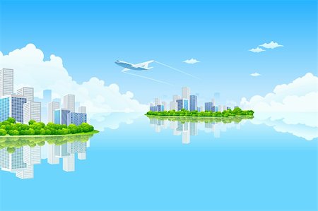 Business City Island with clouds water and airplane Stock Photo - Budget Royalty-Free & Subscription, Code: 400-04337474