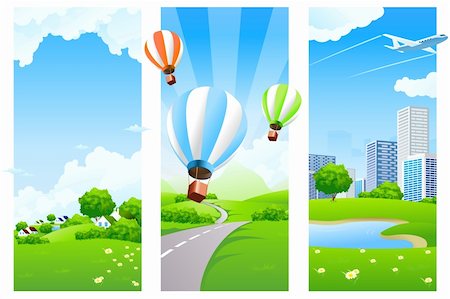 Three Nature banners with clouds grass flowers aircraft and balloons Stock Photo - Budget Royalty-Free & Subscription, Code: 400-04337473
