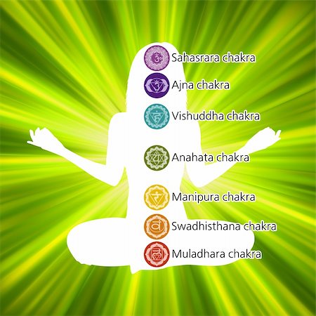 simsearch:400-05099216,k - Woman in lotus position with the seven chakras. EPS 8 vector file included Stock Photo - Budget Royalty-Free & Subscription, Code: 400-04337535