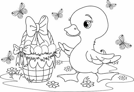 Easter duckling with a basket of eggs . Coloring page Stock Photo - Budget Royalty-Free & Subscription, Code: 400-04337944