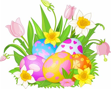 painted happy flowers - Illustration of beautiful Easter eggs in a grass and flowers Stock Photo - Budget Royalty-Free & Subscription, Code: 400-04337942