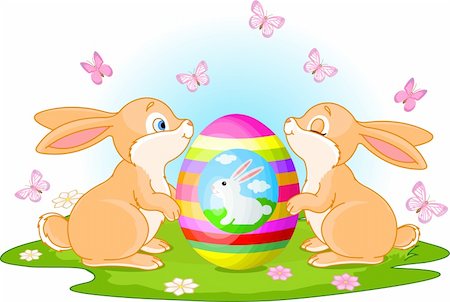 rabbit butterfly picture - Two cute rabbits holds Easter Egg on the spring meadow Stock Photo - Budget Royalty-Free & Subscription, Code: 400-04337950