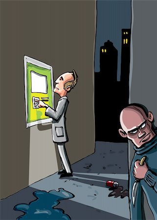 robbery cartoon - Cartoon of a crime that is about to happen. A man at an ATM machine is being watched by a criminal with a knife Stock Photo - Budget Royalty-Free & Subscription, Code: 400-04338069
