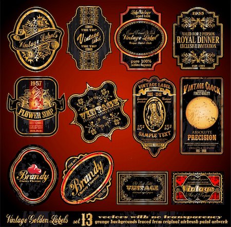 food antique illustrations - Vintage Labels - 16 Black and Gold Elements with distressed Antique look - Set 13 Stock Photo - Budget Royalty-Free & Subscription, Code: 400-04338663