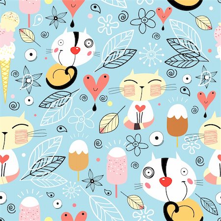 retro cat pattern - seamless bright pattern of cat hearts and ice cream among the leaves on a blue background Stock Photo - Budget Royalty-Free & Subscription, Code: 400-04339527