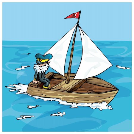 Cartoon of man sailing in a small boat. He has a beard and a captains hat Stock Photo - Budget Royalty-Free & Subscription, Code: 400-04339724