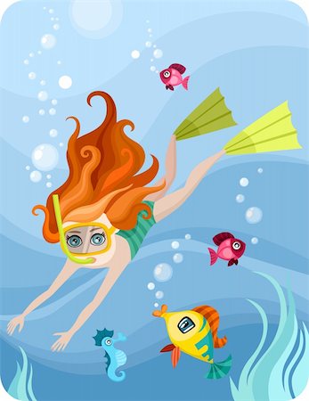 fantasy fish art - vector Illustration of a cute diver-girl Stock Photo - Budget Royalty-Free & Subscription, Code: 400-04339770