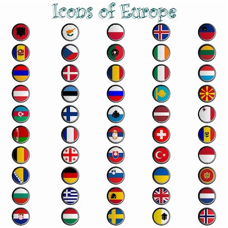 states flag and atlas - icons of europe complete collection, metallic symbols against white background; abstract vector art illustration Stock Photo - Budget Royalty-Free & Subscription, Code: 400-04339842