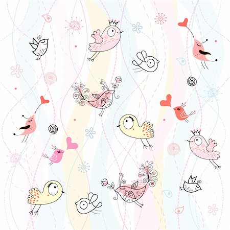 floral bird pattern - abstract pink and blue background with gay birds and the elements Photographie de stock - Aubaine LD & Abonnement, Code: 400-04330242