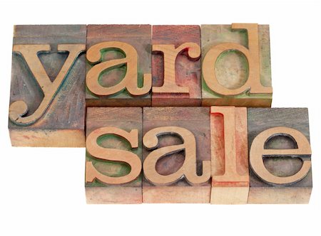 yard sale words in vintage wood letterpress printing blocks, stained by color inks, isolated on white Foto de stock - Royalty-Free Super Valor e Assinatura, Número: 400-04330876