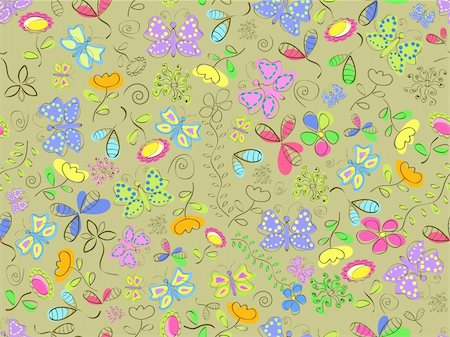 simsearch:400-04350548,k - seamless doodle pattern background with flower and butterflies on grey backdrop Stockbilder - Microstock & Abonnement, Bildnummer: 400-04331021