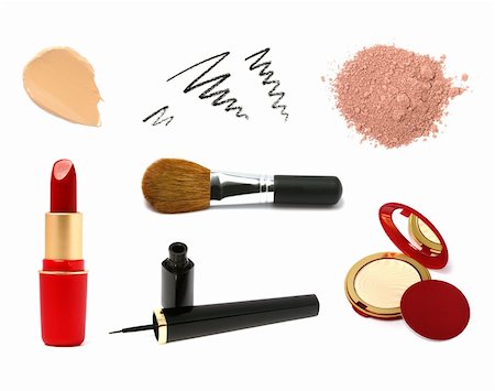 Decorative cosmetic products. Lipstick, concealer, eyeliner, brush, face powder. Stockbilder - Microstock & Abonnement, Bildnummer: 400-04331089