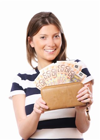 simsearch:600-06701754,k - A picture of a happy pretty woman with a wallet full of fifty-euro notes over white background Stock Photo - Budget Royalty-Free & Subscription, Code: 400-04331178