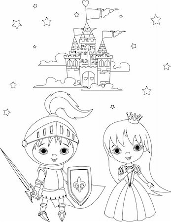 fairy tale knights - Little boy as a knight and girl as a princess coloring page Stock Photo - Budget Royalty-Free & Subscription, Code: 400-04331584