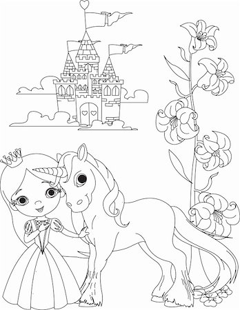 simsearch:400-04355915,k - The Beautiful princess and her cute unicorn coloring page Fotografie stock - Microstock e Abbonamento, Codice: 400-04331586