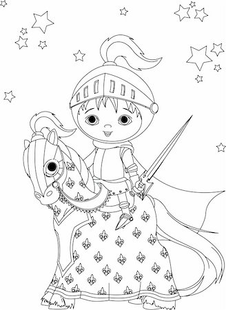 fairytale hero with sword - The brave knight on his faithful horse coloring page Stock Photo - Budget Royalty-Free & Subscription, Code: 400-04331587