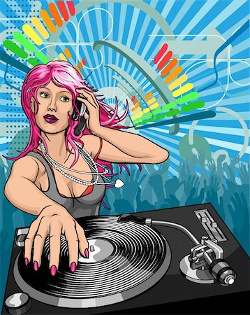 dancing on tables - Female woman DJ playing music background illustration Foto de stock - Super Valor sin royalties y Suscripción, Código: 400-04331633