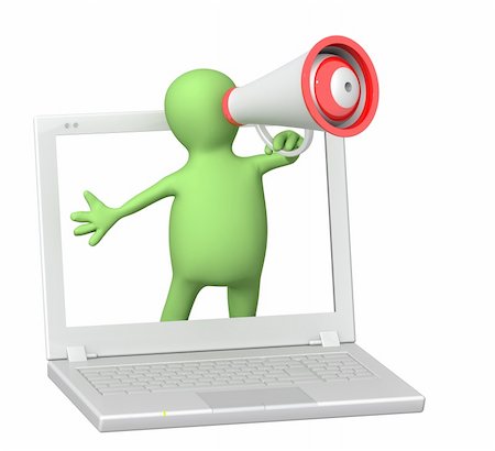 simsearch:400-04367503,k - 3d puppet with laptop and megaphone. Isolated over white Stock Photo - Budget Royalty-Free & Subscription, Code: 400-04332073