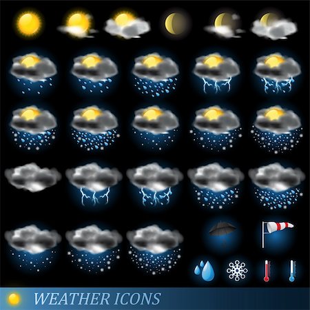 sun rain wind cloudy - Weather icons set isolated on black. Vector illustration Stock Photo - Budget Royalty-Free & Subscription, Code: 400-04332167