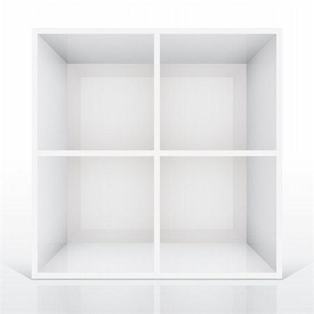 3d isolated Empty white bookshelf. Vector illustration Stock Photo - Budget Royalty-Free & Subscription, Code: 400-04332519