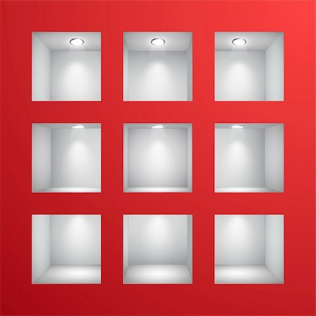 3d Empty shelves for exhibit in the wall. Vector illustration. Stock Photo - Budget Royalty-Free & Subscription, Code: 400-04332527