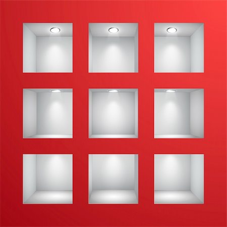 simsearch:400-04378568,k - 3d Empty shelves for exhibit in the wall. Vector illustration. Fotografie stock - Microstock e Abbonamento, Codice: 400-04332527