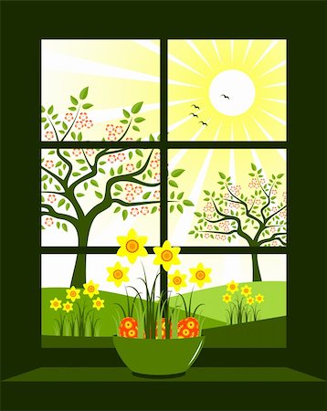 daffodil and landscape - vector easter eggs and daffodils in bowl at window, Adobe Illustrator 8 format Stock Photo - Budget Royalty-Free & Subscription, Code: 400-04332787