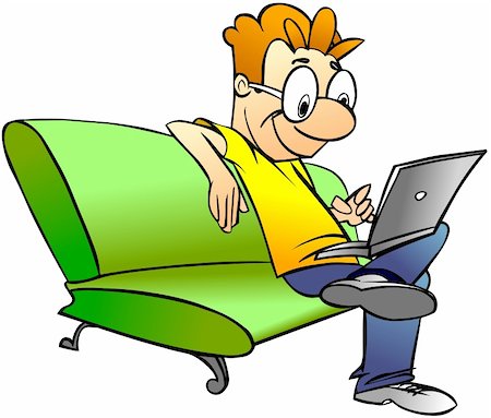 simsearch:400-04999709,k - Cartoon illustration of smiling man sitting on sofa with laptop. Photographie de stock - Aubaine LD & Abonnement, Code: 400-04333054