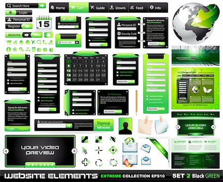 simsearch:400-07424571,k - Web design elements extreme collection BlackGreen - 1website, 1 Blog, form styles, frames, bars, icons, banners, login forms, buttons and so on! Stock Photo - Budget Royalty-Free & Subscription, Code: 400-04333443