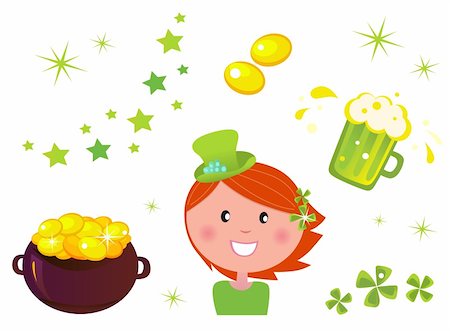 simsearch:400-06570489,k - Icons set of St. Patrick's Day design elements - cauldron with coins, four leaf clovers, green beer and Leprechaun. Stock Photo - Budget Royalty-Free & Subscription, Code: 400-04333659