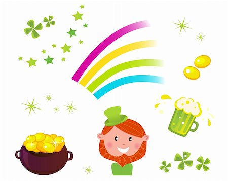 simsearch:400-04316567,k - Icons set of St. Patrick's Day design elements - cauldron with coins, four leaf clovers, green beer, rainbow and Leprechaun. Foto de stock - Royalty-Free Super Valor e Assinatura, Número: 400-04333660