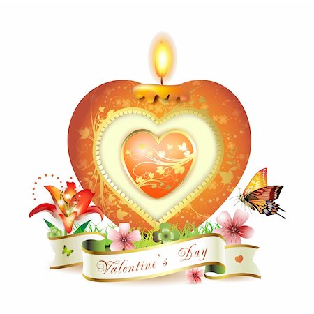 flame lily - Valentine's day card. Red elegant candle with heart shape, gold decorations, flowers and ribbon Stock Photo - Budget Royalty-Free & Subscription, Code: 400-04344252