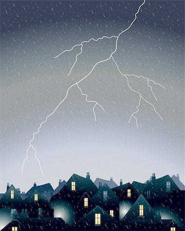 rain on roof - an illustration of a fork of lightning in a rainy dark sky over city rooftops Stock Photo - Budget Royalty-Free & Subscription, Code: 400-04344309