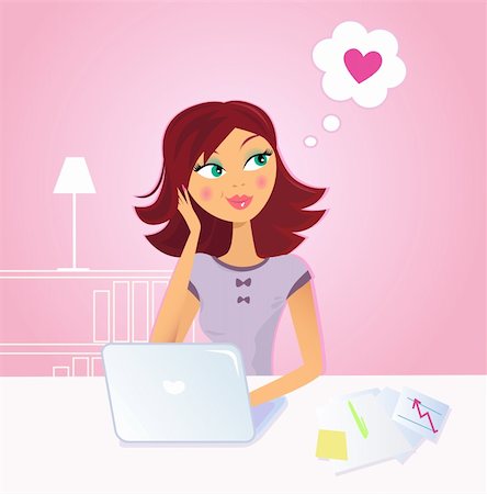 Woman sitting behind her laptop and dreaming about love. Vector Illustration. Stock Photo - Budget Royalty-Free & Subscription, Code: 400-04344854
