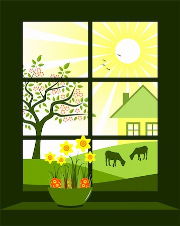 daffodil and landscape - vector easter eggs and daffodils at window, Adobe Illustrator 8 format Stock Photo - Budget Royalty-Free & Subscription, Code: 400-04345003