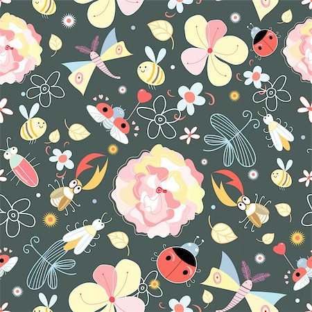 simsearch:400-04910406,k - seamless floral pattern of insects on a dark background Stock Photo - Budget Royalty-Free & Subscription, Code: 400-04345090