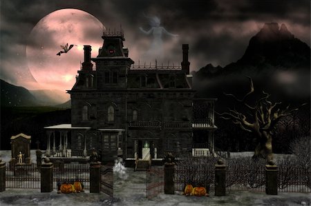 dark moon with clouds - creepy house with ghosts and creatures Photographie de stock - Aubaine LD & Abonnement, Code: 400-04345180