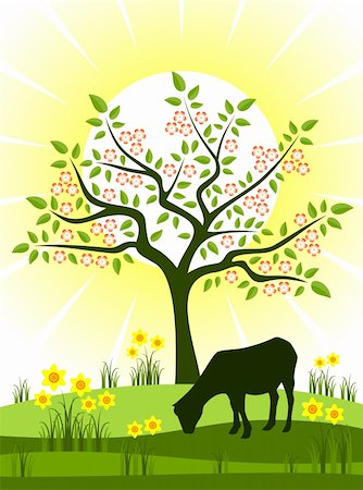 daffodil and landscape - vector flowering tree, daffodils and grazing goat, Adobe Illustrator 8 format Stock Photo - Budget Royalty-Free & Subscription, Code: 400-04345286