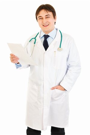 simsearch:400-04351236,k - Smiling medical doctor holding document in hand  isolated on white Stock Photo - Budget Royalty-Free & Subscription, Code: 400-04347039