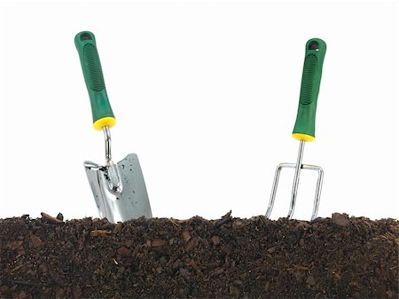 dirt hill land - Garden soil and implements isolated against a white background Stock Photo - Budget Royalty-Free & Subscription, Code: 400-04347380