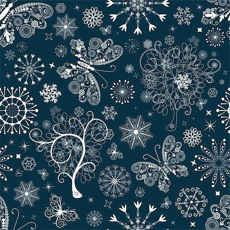 simsearch:400-04709734,k - Dark blue Christmas repeating pattern with snowflakes and butterflies (vector) Stock Photo - Budget Royalty-Free & Subscription, Code: 400-04347391